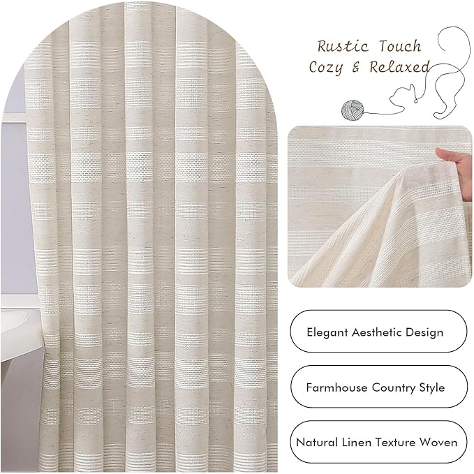 OVZME Extra Long Linen Shower Curtain 96 Inch Long, Boho Chic Textured Soft Fabric Heavy Duty Cloth Bathroom Shower Curtain with Tassel, Tall Farmhouse Luxury Bath Decor, 72Wx96L Inches