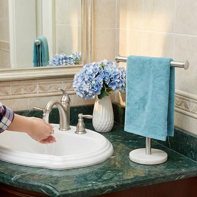 Hand Towel Holder Stand, Natural Marble Base T-Shape Fingertip Towel Rack, Rust-Proof (Brushed Nickel)