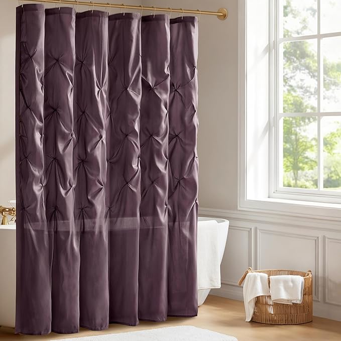 Madison Park Laurel Semi-Sheer Plum Shower Curtain Purple– Lightweight Faux Silk Fabric, 72x72 in, Light Filtering, Modern Style Bathroom Curtain Textured Tufting Detail Modern Mid-Century Bathroom Decor