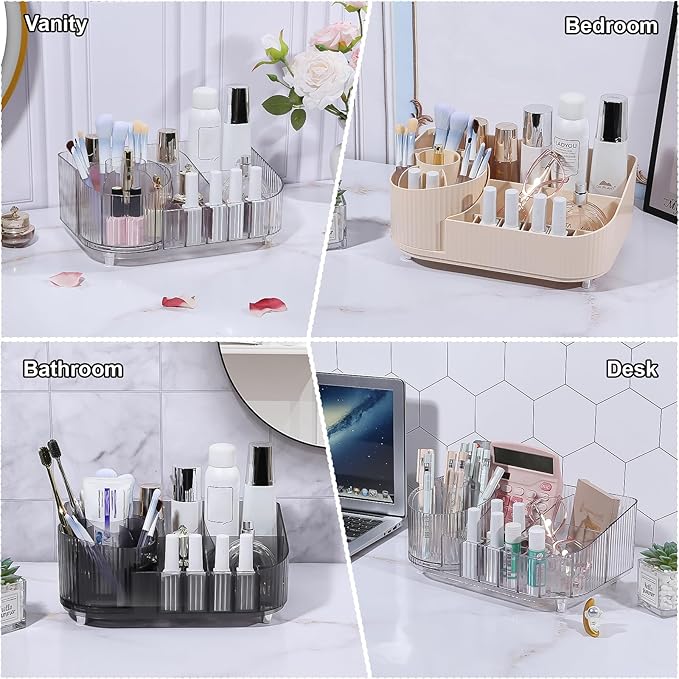 DASITON Large Capacity Makeup Organizer with 360° Rotating Makeup Brush Holder, Multi-Compartment Skincare and Cosmetic Storage for Vanity, Bathroom Countertop, Dresser, Desktop Storage Box (Gray)