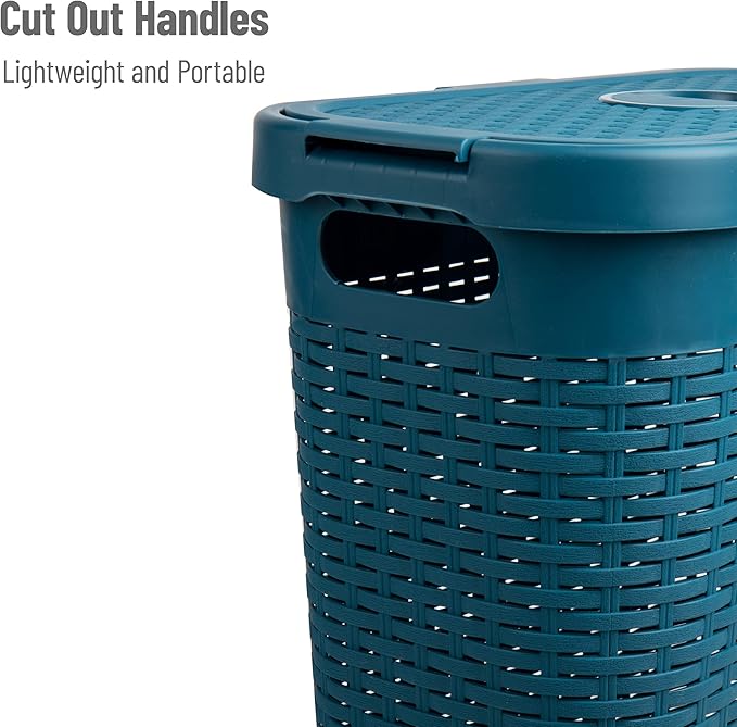 Mind Reader Slim Laundry Hamper with Lid, 40L Clothes Basket, Narrow Tapered Design with Ventilated Cutout Pattern, Plastic, Set of 2, Blue