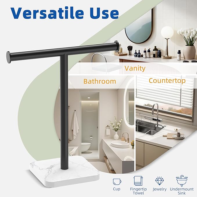 RUACQ Hand Towel Holder, T-Shape Free Standing Hand Towel Holder Stand with Marble Base, 304 Stainless Steel Hand Towel Stand for Bathroom Kitchen Vanity Countertop(Matte Black)