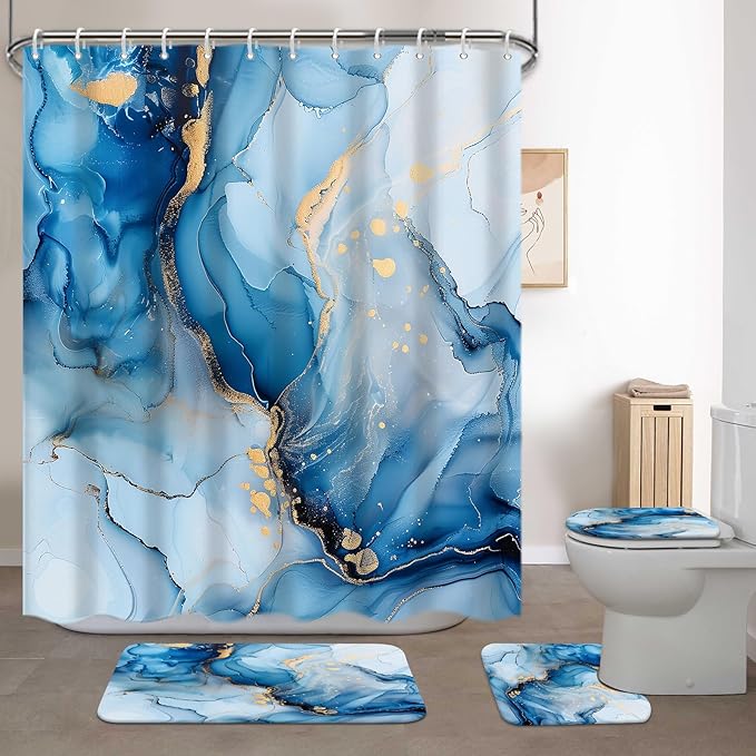 Lnond 4Pcs Bathroom Sets with Shower Curtain and Rugs, Marble Bathroom Shower Curtain Sets, Blue Gold Modern Art Bathroom Sets with Rugs and Accessories