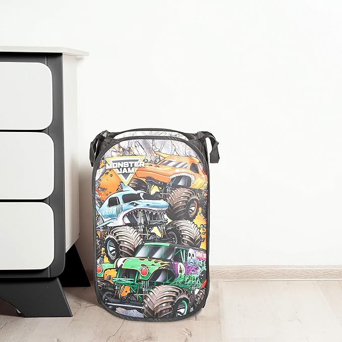 Jay Franco Monster Jam Break Out Pop Up Hamper - Mesh Laundry Basket/Bag with Durable Handles - Features Grave Digger & Megalodon