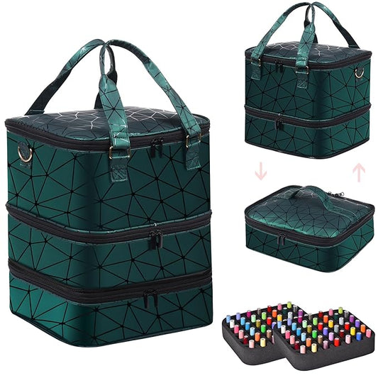 FCQQYWZ Large Nail Polish Organizer Case Hold 84+ Bottles Nail Polish & Nail Lamp, 3 Layers Nail Organizers and Storage for Nail Tech with Divider, Travel Carrying Case(Green)