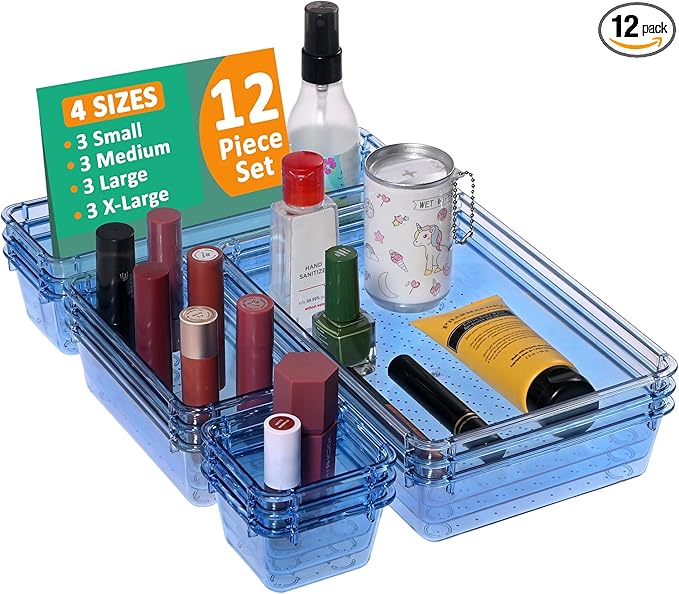 Kuber Industries 12 Pcs Acrylic Transparent Cosmetic Organizer Tray | Drawers Organisers for Kitchen, Office and Bathroom Vanity Makeup | Stationery Storage Drawer Divider Tray | Sea Blue