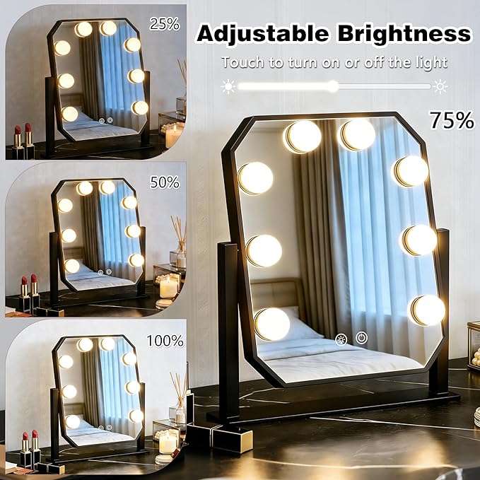 Vanity Mirror with Lights - 11.8"x9.8" Hollywood Makeup Mirror with Dimmable LED Bulbs, 3 Color Modes, Smart Touch Control, Desktop Mirror for Bedroom Dressing Table, Gift for Women Girls (Black)