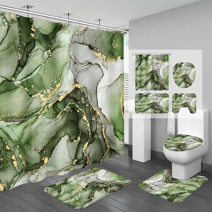 4PCS Olive Green Marble Bathroom Sets with Shower Curtain and Rugs, Abstract Shower Curtain Sets with Rugs, Gold Bathroom Curtains Shower Set with Toilet Lid Cover Accessories