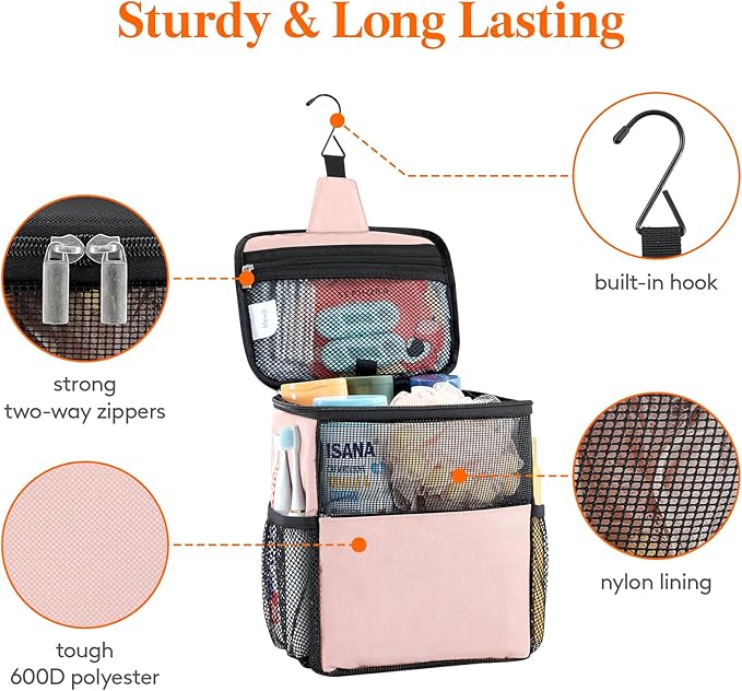 Lifewit Mesh Shower Caddy Bag Portable for College Dorm Room Essentials, Hanging Organizer Basket, Quick Dry Tote Bag for Camping, Bathroom, Beach, Travel, Medium, Pink