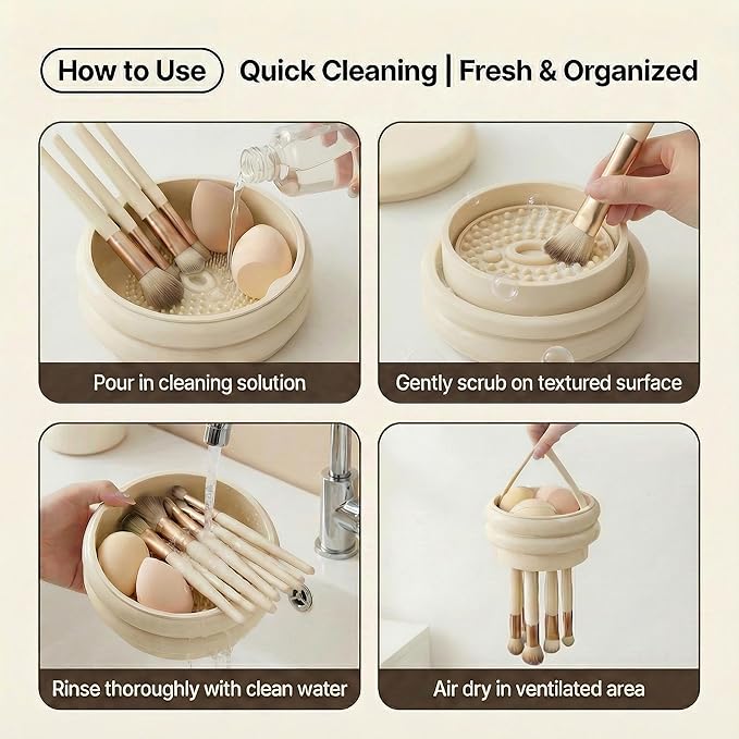 Makeup Brush Cleaner & Dust-Free Storage Holder for Vanity, Coarse & Fine Bristles Cleaning, Covered Air-Dry Cup