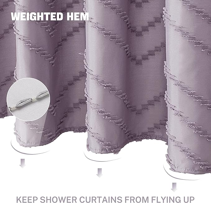 Boho Shower Curtain Woven Fabric Purple Cute Shower Curtain Modern Farmhouse Textured Tufted Chevron Striped Minimalist 72 x 72 Bathroom Shower Curtain Set with Hooks