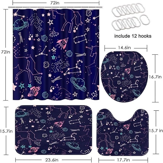 ArtSocket Cute Stars Space Bathroom Set with Shower Curtain and Rugs Accessories, Cute Kids Space Unicorn Galaxy Shower Curtain, Kids Astronaut Bathroom Decor 4 Pcs
