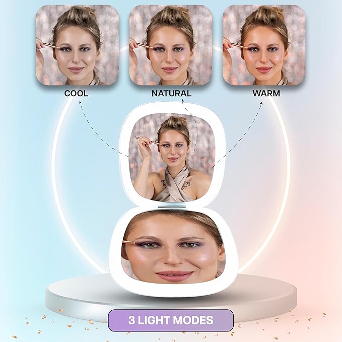 Lighted Makeup Mirror for Women, Portable, LED Light, USB Charging, auto on/Off, 1x/10x Magnification and 3 Light Color Settings, dimmable (Lavender)