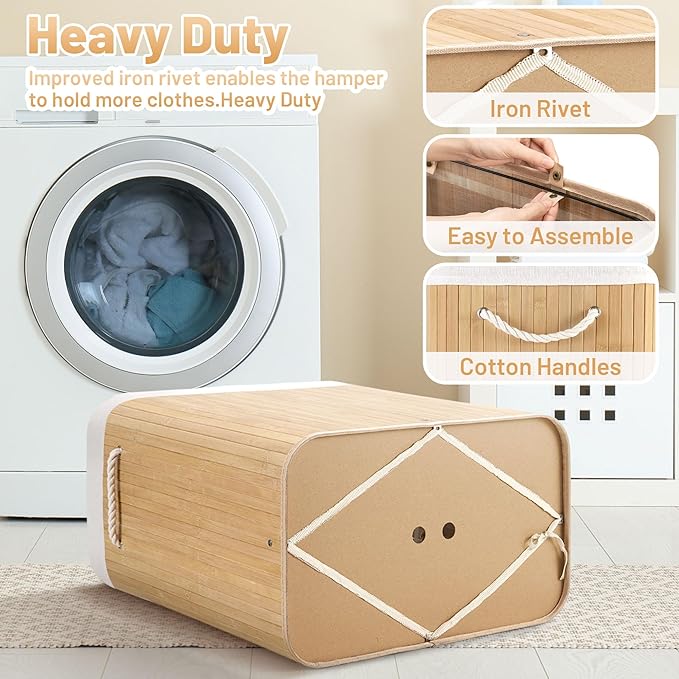 Aliphon 150L Laundry Hamper with lid, 3-Section Clothes Laundry Basket with Handles, Large Collapsible Bamboo Baskets for Bedroom, Bathroom, Dorm, Natural Beige