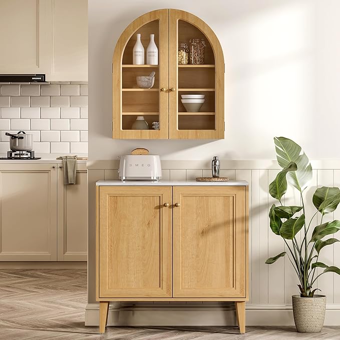 EYYTHUNG Modern Arched Wall Cabinet, Large Bathroom Medicine Wall Mounted Cupboard, Farmhouse Floating Storage Cabinet with Acrylic Door Adjustable Shelf, Wood Organizer (Natural Oak)