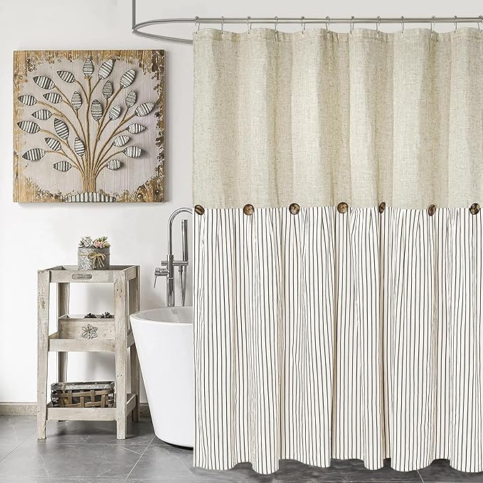 Farmhouse Shower Curtain,Beige and Brown Stripe,Button Curtain,Linen and Cotton Woven Fabric,Rustic Charm Country Chic Style,72x96 in
