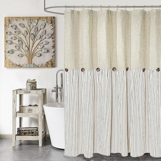 Farmhouse Shower Curtain,Beige and Brown Stripe,Button Curtain,Linen and Cotton Woven Fabric,Rustic Charm Country Chic Style,72x96 in