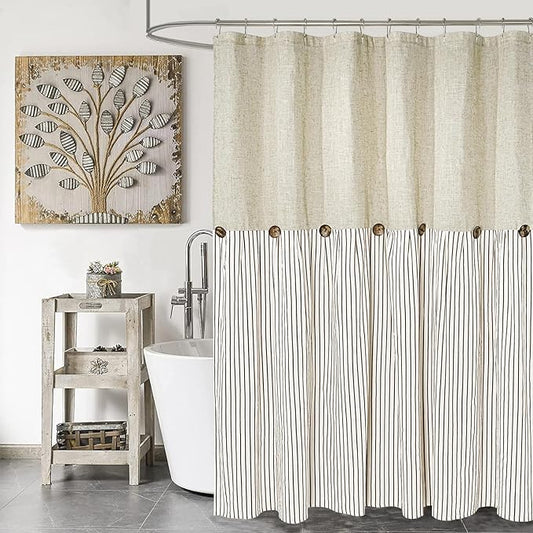 Farmhouse Shower Curtain,Beige and Brown Stripe,Button Curtain,Linen and Cotton Woven Fabric,Rustic Charm Country Chic Style,72x72 in
