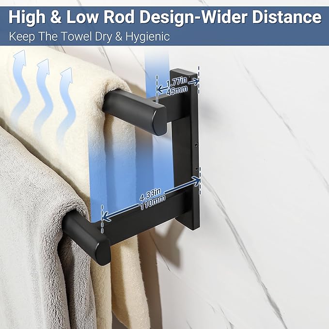SAYAYO Double Towel Bar for Bathroom, 31.5 Inch Matte Black Bath Towel Rack Towel Holder Wall Mounted, SUS304 Stainless Steel