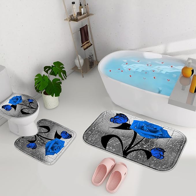 Poedist 4 Pcs Bathroom Shower Curtain Set,Blue Rose Bathroom Set, Shower Curtain Sets with Rugs(Bath Mat,U Shape and Toilet Lid Cover Mat) and 12 Hooks