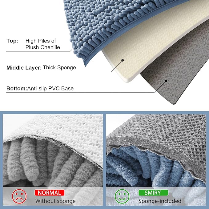 Smiry Luxury Chenille Bathroom Rugs 24x16, Extra Soft and Absorbent Shaggy Bath Mat, Machine Washable, Non-Slip Plush Carpet Runner for Tub, Shower, and Floor, Home Decor Accessories, Grayish Blue