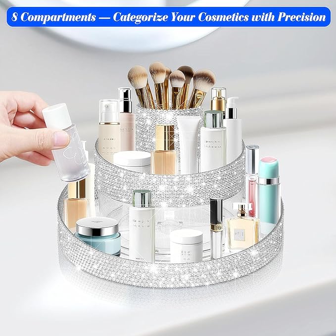 Yivaiks Bling 360 Rotating Makeup Organizer,Shiny Lazy Susan Cosmetic Storage Turntable for Skincare,Perfume & Lipstick,Glitter Round Spinning Tray with Brush Holder for Vanity,Bathroom (10"L x 10"W)