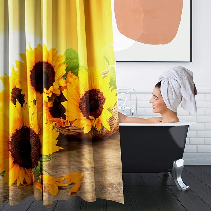 Britimes 4 Piece Shower Curtain Sets, with 12 Hooks, Summer Sun Sunflower with Non-Slip Rugs, Toilet Lid Cover and Bath Mat for Bathroom Decor Set, 72" x 72"