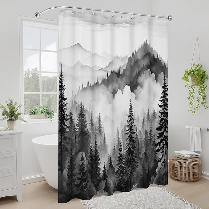 Black Extra Long Misty Pine Forest Shower Curtain 72 x 84, XL Mountain Foggy Woodland Scenery Tree Shower Curtains for Bathroom, Abstract Waterproof Nature-Themed Decor