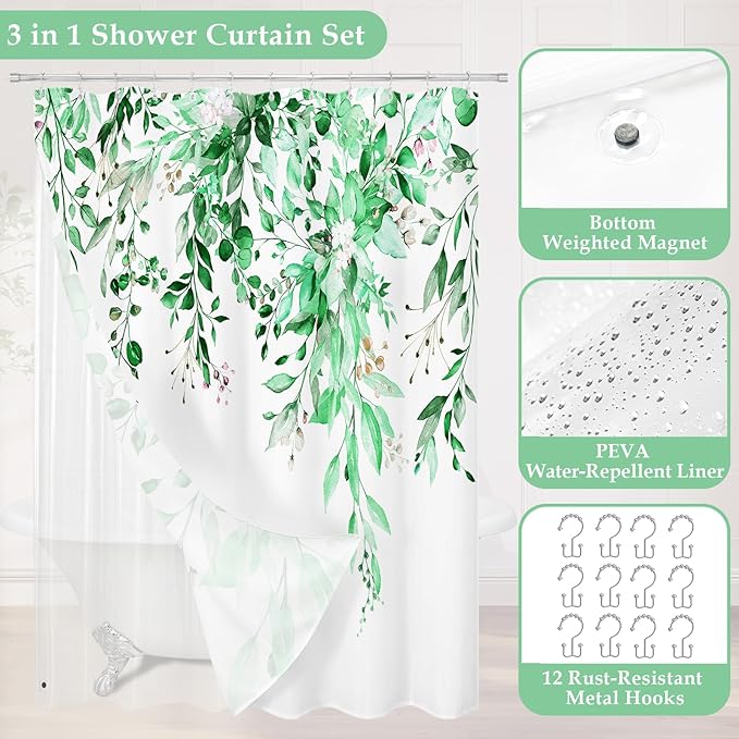 Gibelle 3 in 1 Shower Curtain Set, 72x72 Eucalyptus Bath Curtain and PEVA Liner Set with 12 Metal Hooks, Waterproof Fabric Bathroom Curtain, EmeraldGreen