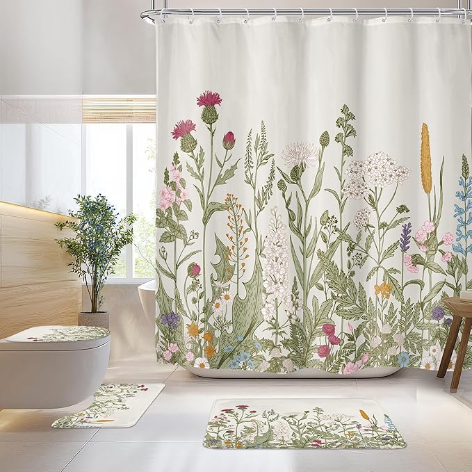 Riyidecor Wildflower Botanical 4Pcs Bathroom Shower Curtain Sets Floral Flower Herbs Green Leaf Bathroom Decor Set with Rugs and Accessories Plant Toilet Lid Rug, Contour and Bath Mat with 12 Hooks
