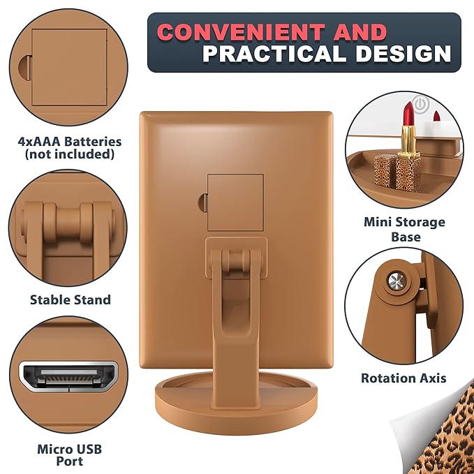 RoLeDo Lighted Makeup Mirror with Magnification 2X 3X 10X, Trifold Vanity Mirror with Lights, 72 LED Mirror, Touch Screen, 3 Color Lighting, Dual Power, Cheetah Print, Gifts for Women, Leopard Print