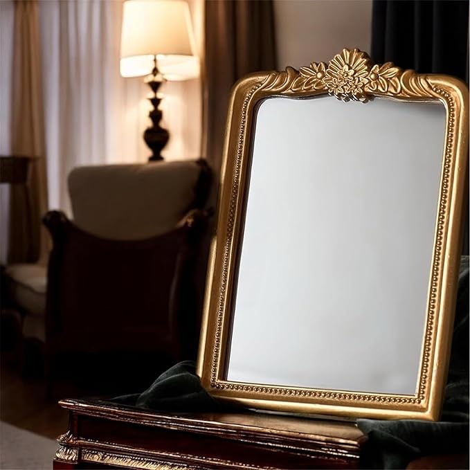 Gold Vintage Vanity Square Mirror, Antique Mirrors for Wall Decorative, Unique Cute Small Mirror, Table Top Makeup Framed Mirrors, Bathroom, Bedroom, Living Room,Fireplace,10.2" L x 7.3" W Gold