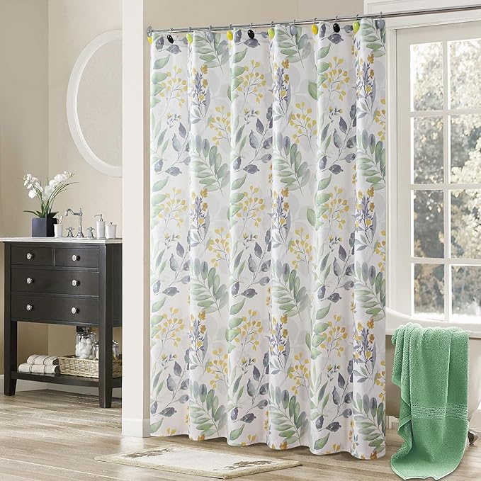 Sage Green Yellow Leaf Floral Shower Curtain, Watercolor Plant Fabric Shower Curtain, Waterproof Decorative Boho Botanical Bathroom Curtains, 72" W x 78" H