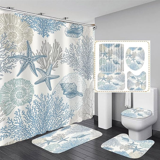 Nkzply 4 Pcs Beach Shower Curtain Set Blue Starfish Bathroom Sets with Shower Curtain and Rugs Ocean Seashell Coral Bathroom Decor Accessories Nautical Bathroom Rug Set Toilet Lid Cover 12 Hooks