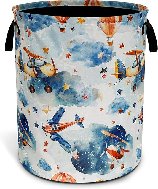 Airplane Laundry Basket Hot Air Balloon Clouds Foldable Waterproof Oxford Cloth Funny Tote Bag Laundry Hamper Clothes Storage Bucket Toy Organizer For Bathroom/Laundry Storage/Bedroom 18.9x16.5 Inch