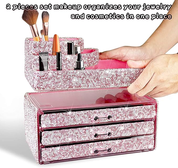 KEYPOWER Makeup Organizers Drawer Bling Diamond,Countertop Jewelry Cosmetic Storage Display Boxes,Makeup Brush Holder,2 Pieces Set(Purely Handmade)(Pink)