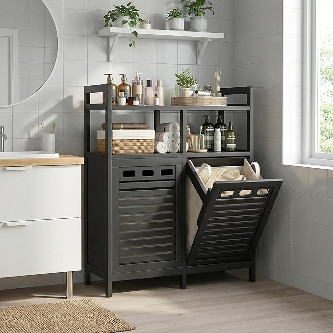 Homykic Tilt Out Laundry Hamper Cabinet, Bamboo Double Laundry Hamper with 2 Removable Laundry Baskets, 20 Gal Laundry Sorter Organizer with Shelf for Dirty Clothes, Bathroom, Laundry Room, Black
