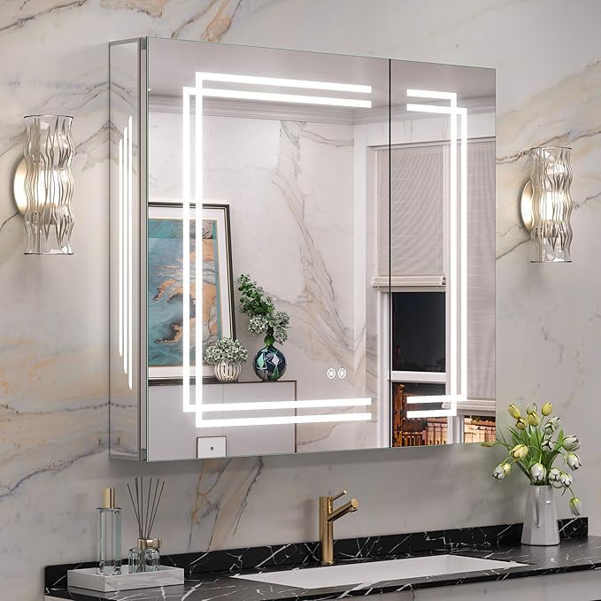 Keonjinn 36 x 32 Inch Lighted Medicine Cabinet, Large Medicine Cabinet with LED Bathroom Mirror, Tempered Glass, Adjustable Shelves, Double Doors, 3 Color Temperature, Anti-Fog, Surface Mount Only