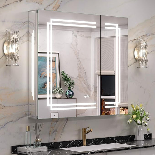 Keonjinn 36 x 32 Inch Lighted Medicine Cabinet, Large Medicine Cabinet with LED Bathroom Mirror, Tempered Glass, Adjustable Shelves, Double Doors, 3 Color Temperature, Anti-Fog, Surface Mount Only