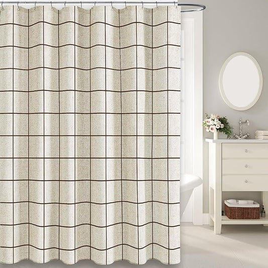 Farmhouse Plaid Shower Curtain Beige Linen Shower Curtains for Bathroom Natural Brown Pattern 72 x 72 Inch