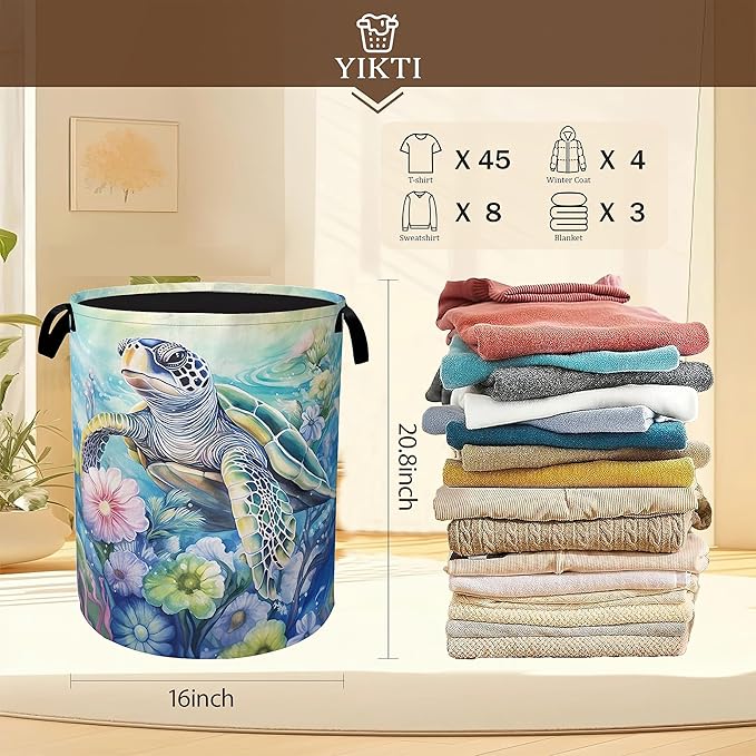 Sea Turtle Laundry Hamper,Ocean Flower Coral Clothes Hamper for Laundry,Waterproof Oxford Toy Storage Collapsible Hampers for Bedroom, Dorm Room,Bathroom,16x20 Inch