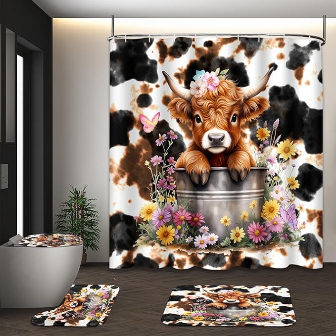 Highland Bull Flowers Shower Curtain Set with Toilet Lid Cover and Non-Slip Rugs, Cow Print 4 Pcs Shower Curtain with 12 Hooks, Farmhouse Vintage Bathroom Set with Rugs and Accessories