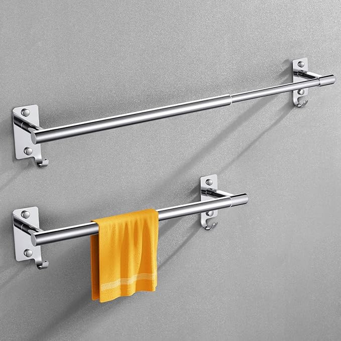 Adjustable Towel Rack for Bathroom, Stainless Steel Sturdy Towel Bar Rod (14.5”-23.6”) Wall Mount, Rustproof Towel Holder with Hanger Hook, Space-Saving Towel Rail for Bathroom Kitchen - Chrome