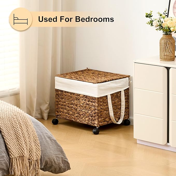 Rolling Hand-woven Laundry Hamper with Lid, Laundry Basket with Wheels for Laundry Room (Espresso, 60L)