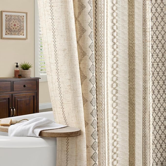 Boho Linen Shower Curtain for Bathroom,with Striped Print and Twine-Inspired Woven Center,Extra Long 72" W x 96" L,Beige