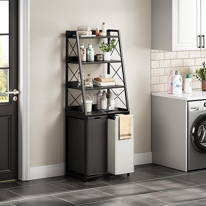 Herture Laundry Basket, 2 Section Laundry Hamper with 4 Tiers Shelf, Pull-Out and Removable Laundry Bags, Large 2 x 15.87 Gallons, for Bedroom Bathroom Black PF11XLK