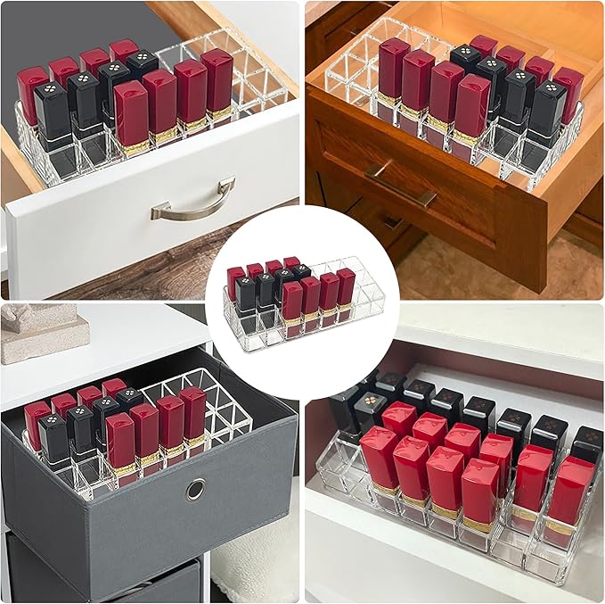 KEUYE Lipstick Organizer For Drawer,24 Slot Lipstick Organizer,Lipstick Organizer For Drawer Flat,Lipstick Organizer Drawer Insert,Acrylic Makeup Drawer Organizer Lipstick