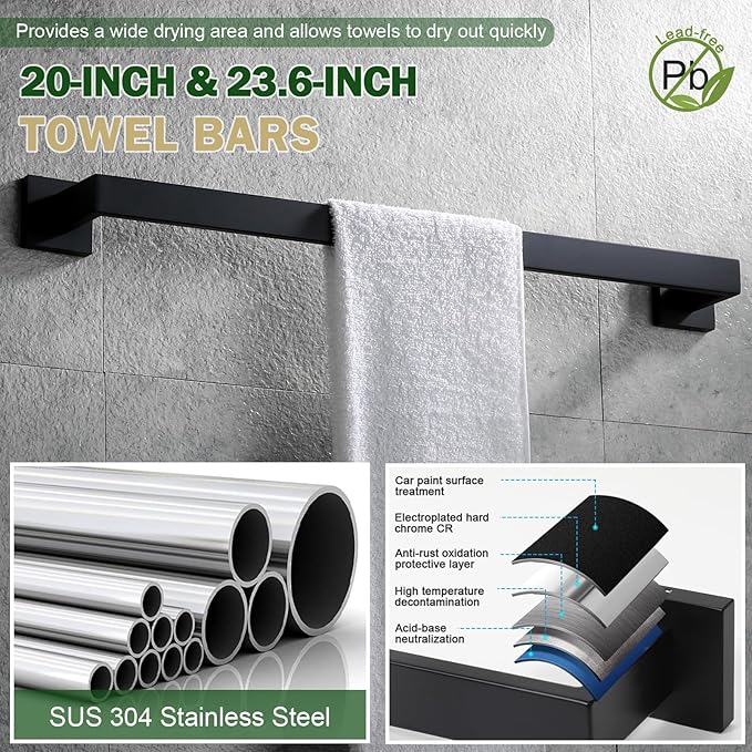 VELIMAX Premium Stainless Steel 6 Pieces Bathroom Hardware Set Wall Mounted Bathroom Accessories Kit Modern Towel Bar Set - 20 Inches and 23.6 Inches, Matte Black