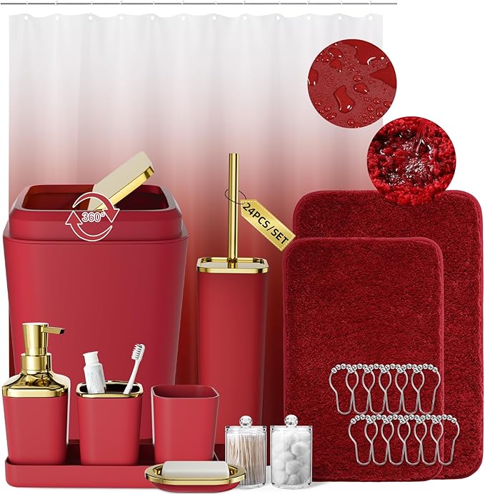 XLHOMO Burgundy Bathroom Accessories Set with Shower Curtain and Rugs, Dark Red Bathroom Accessories with Trash Can,Toothbrush Holder and Cup,Soap Dispenser,Tray,Soap Dish,Toilet Brush,Qtip Holders