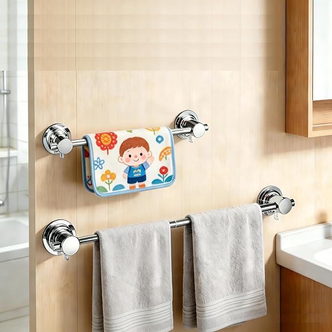 JiePai 17-28” Extendable Suction Cup Towel Bar - Rustproof Adjustable Bath Towel Rack, No Drilling Removable Vacuum Towel Rail for Bathroom, Shower Door (Suction Cup, Chrome)